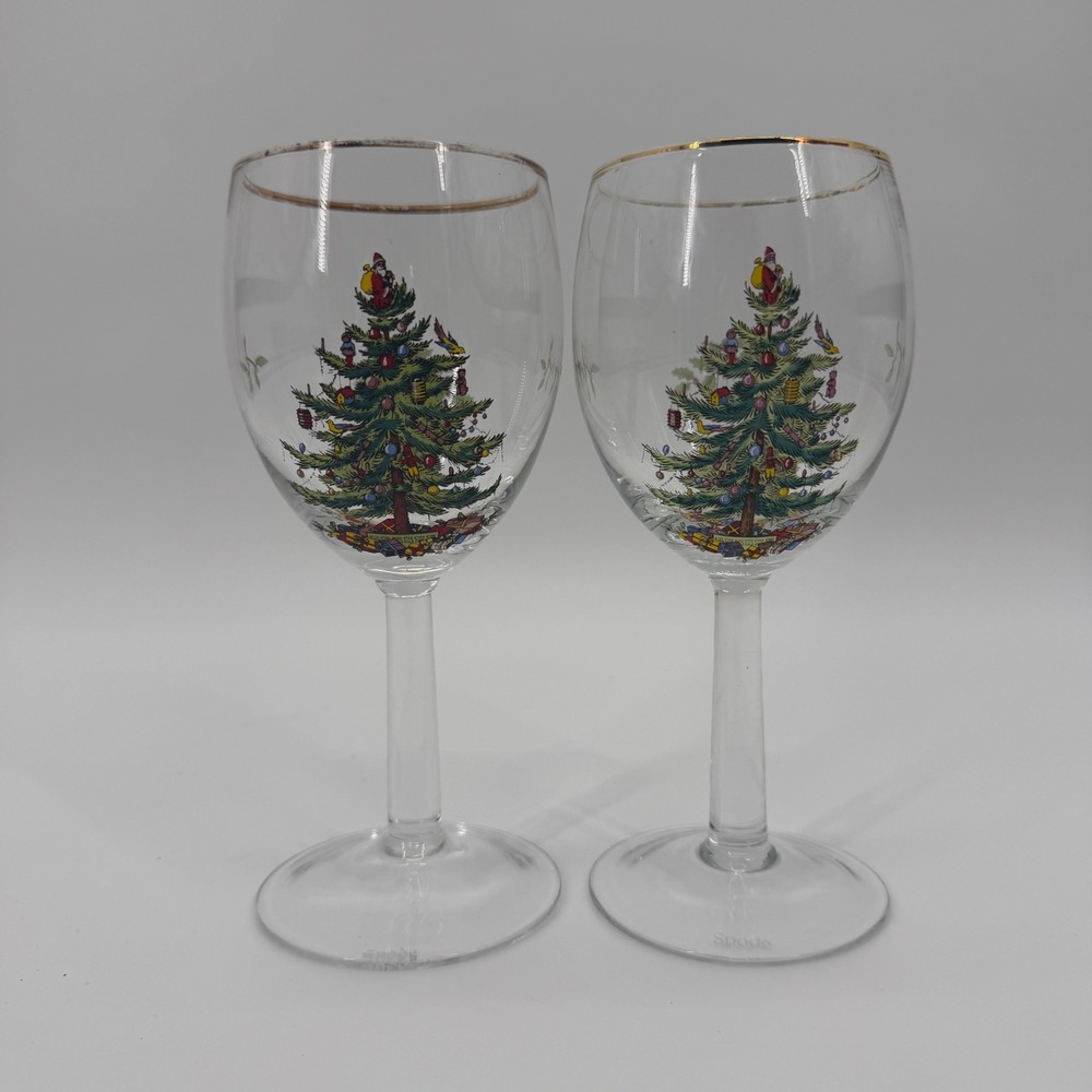 Spode Christmas Tree Wine Glasses Set of 2 Gold Rim Holiday Stemware 7.25"